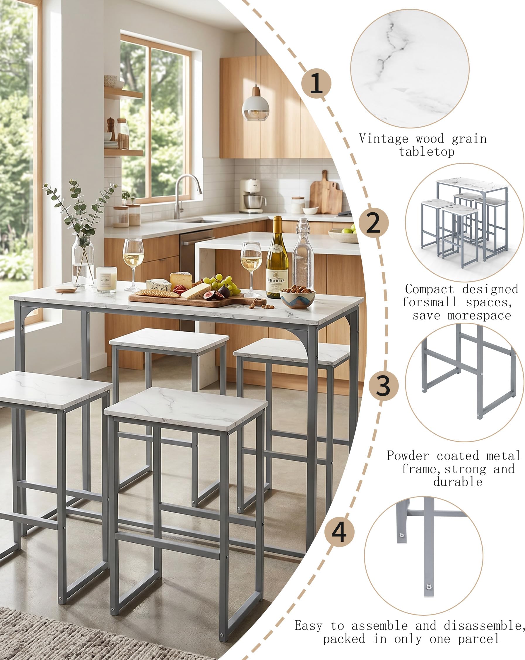Tavolo Cucina Salvaspazio con Sedie, Tavolo Bar Alto con Sgabelli, Elegante semplicità in marmo bianco e cornice in argento, Ideale per ristoranti, bar, caffè, ecc.