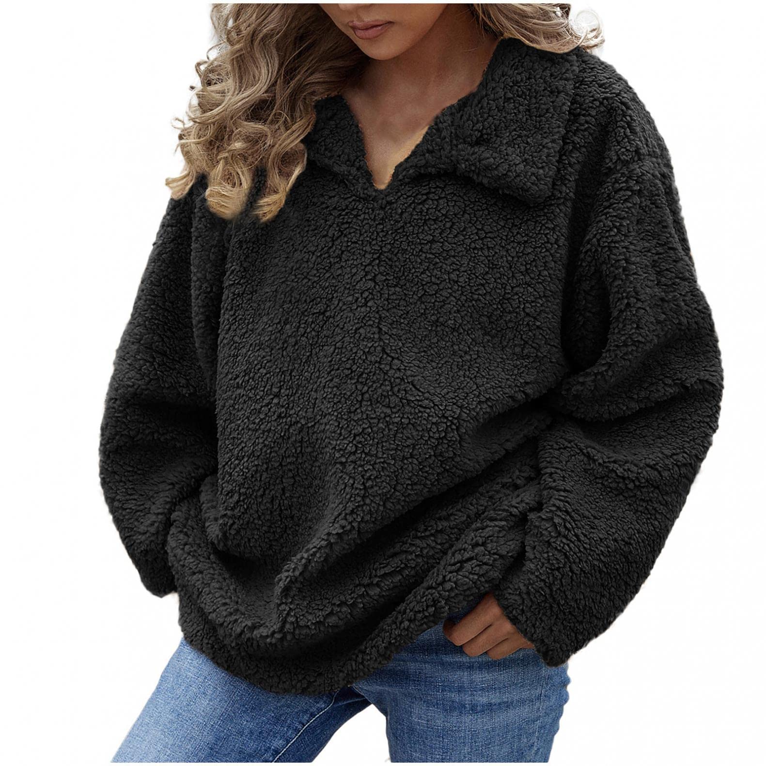 Fleece Pullover for Women Fuzzy Plush Sweater Casual Loose Sweatshirt Tops with Collars Solid Color Jumper