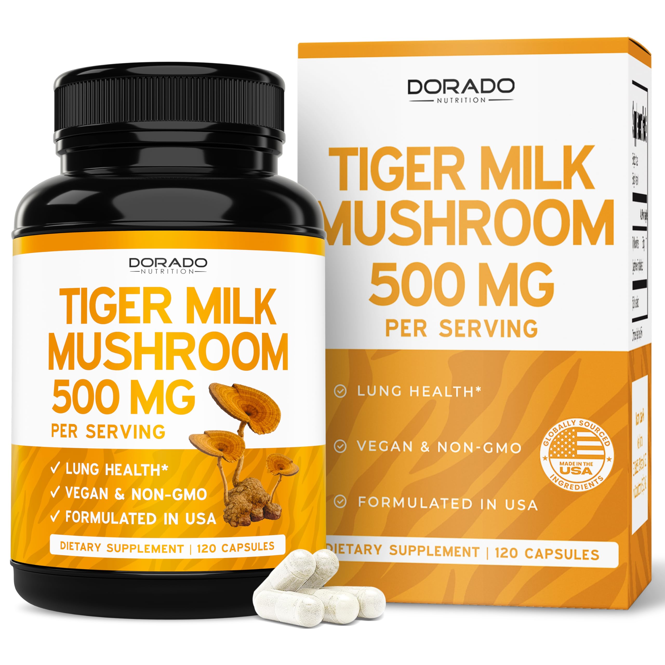 Tiger Milk Mushroom Supplement (120 Capsules, 500mg Per Serving) Premium Tiger Milk Mushroom for Lungs and Immune Support - Lignosus Lung Supplement for Adult - Third Party Tested, NON GMO & USA Made