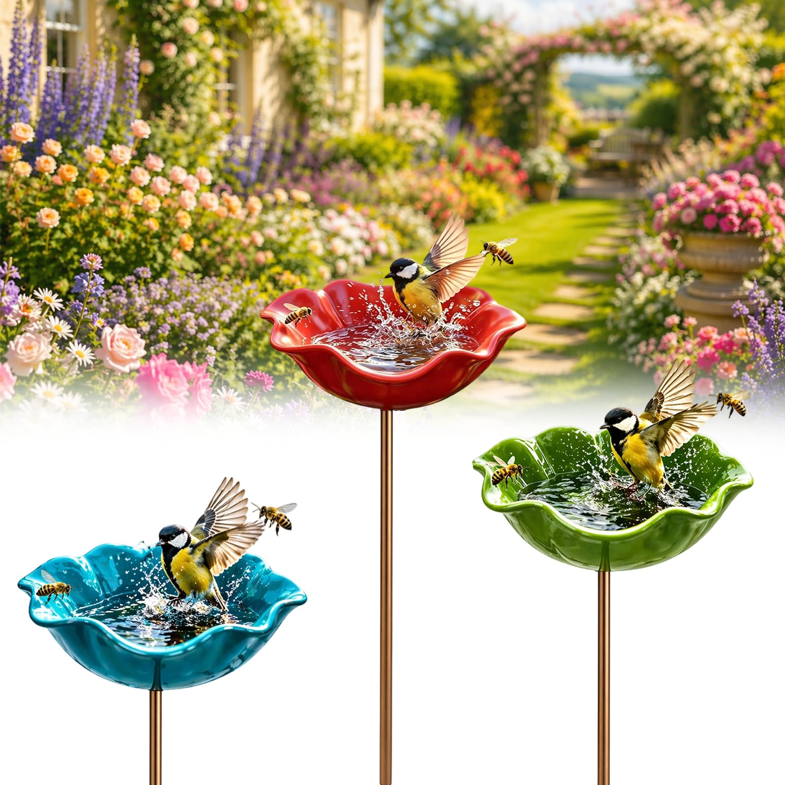 Handmade Metal Flower Garden Stake Bird Bath Bowl - Weather-Resistant Bee Watering Station & Flower Bird Feeder, Decorative Outdoor Metal Flowers for Yard Lawn Patio Decor (3Pcs-G)