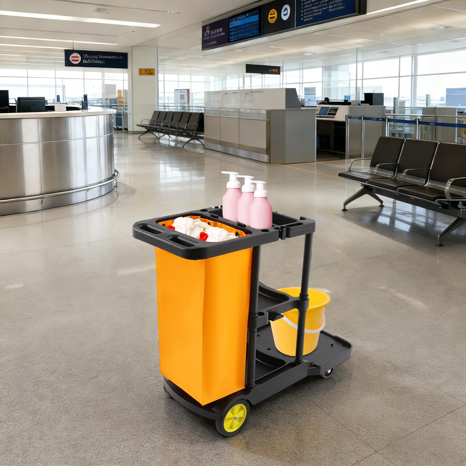 Carrello per la pulizia professionale con ruote, 3 ripiani e borsa in vinile, carrelli igienici per uffici, hotel, centri commerciali, portata 100 kg, 113 x 56 x 93 cm