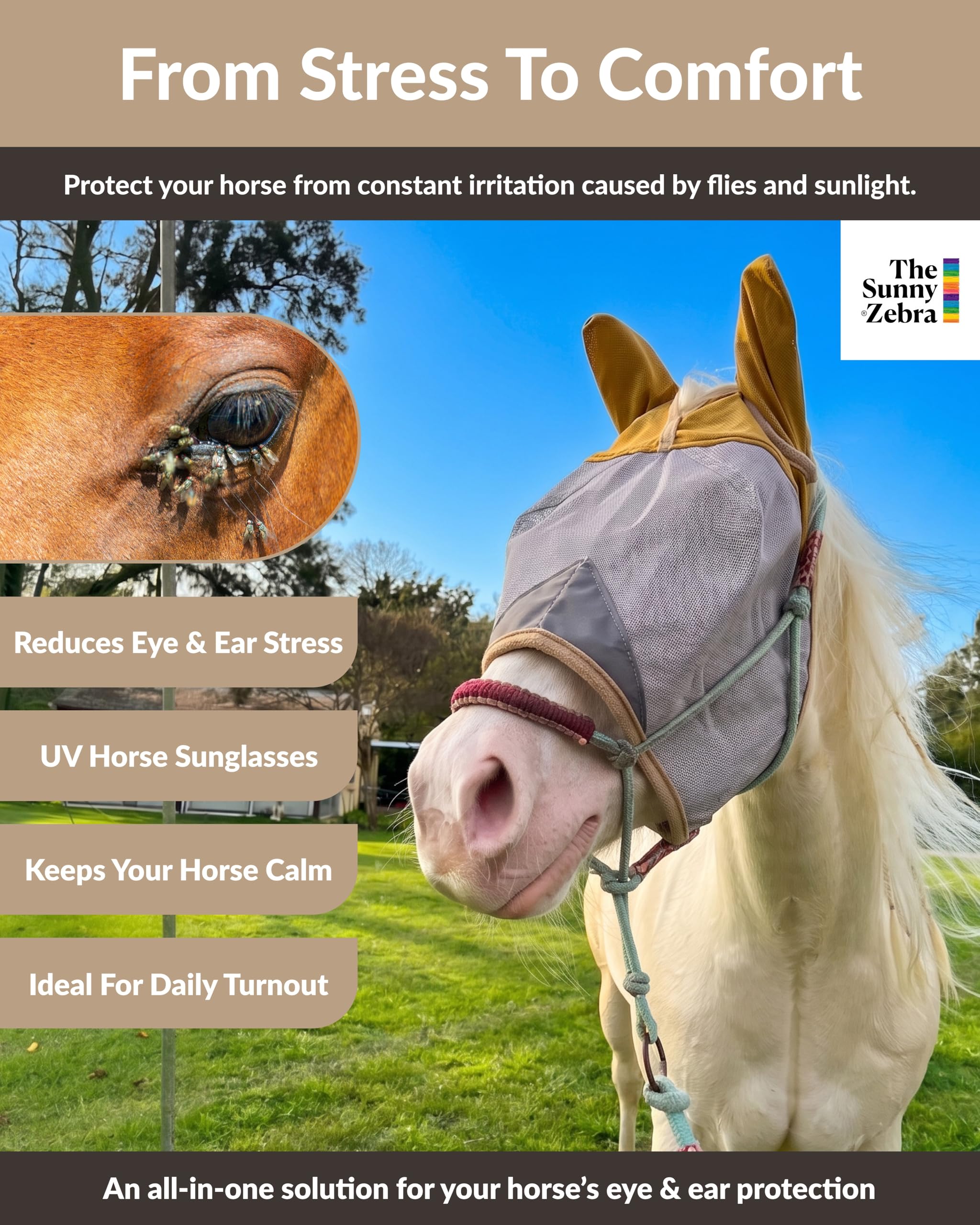 Máscara de mosca de caballo con orejas – Malla que no transfiere calor – 70% de protección UV – Máscara de mosca equina transpirable con cubierta para orejas – Tamaño de caballos – Máscara suave y