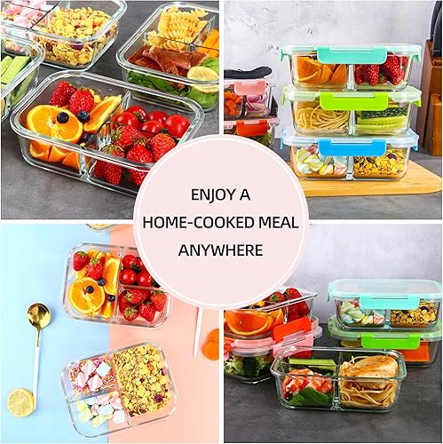 Miniatura 3 de Paquete de 5 recipientes de vidrio con 3 compartimentos, 34 onzas, recipientes divididos de almacenamiento de alimentos con tapas, lonchera de