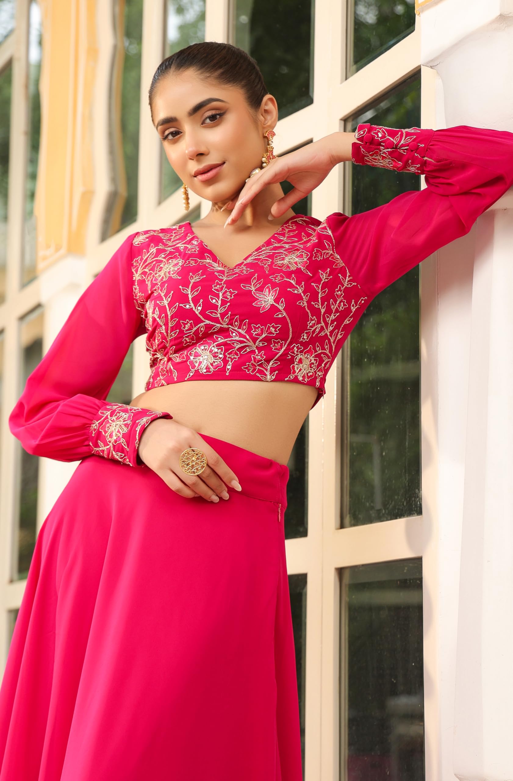 Janasya Women Georgette Embroidered Top & Skirt Pink Color Trending Outfit - Image 3 thumbnail