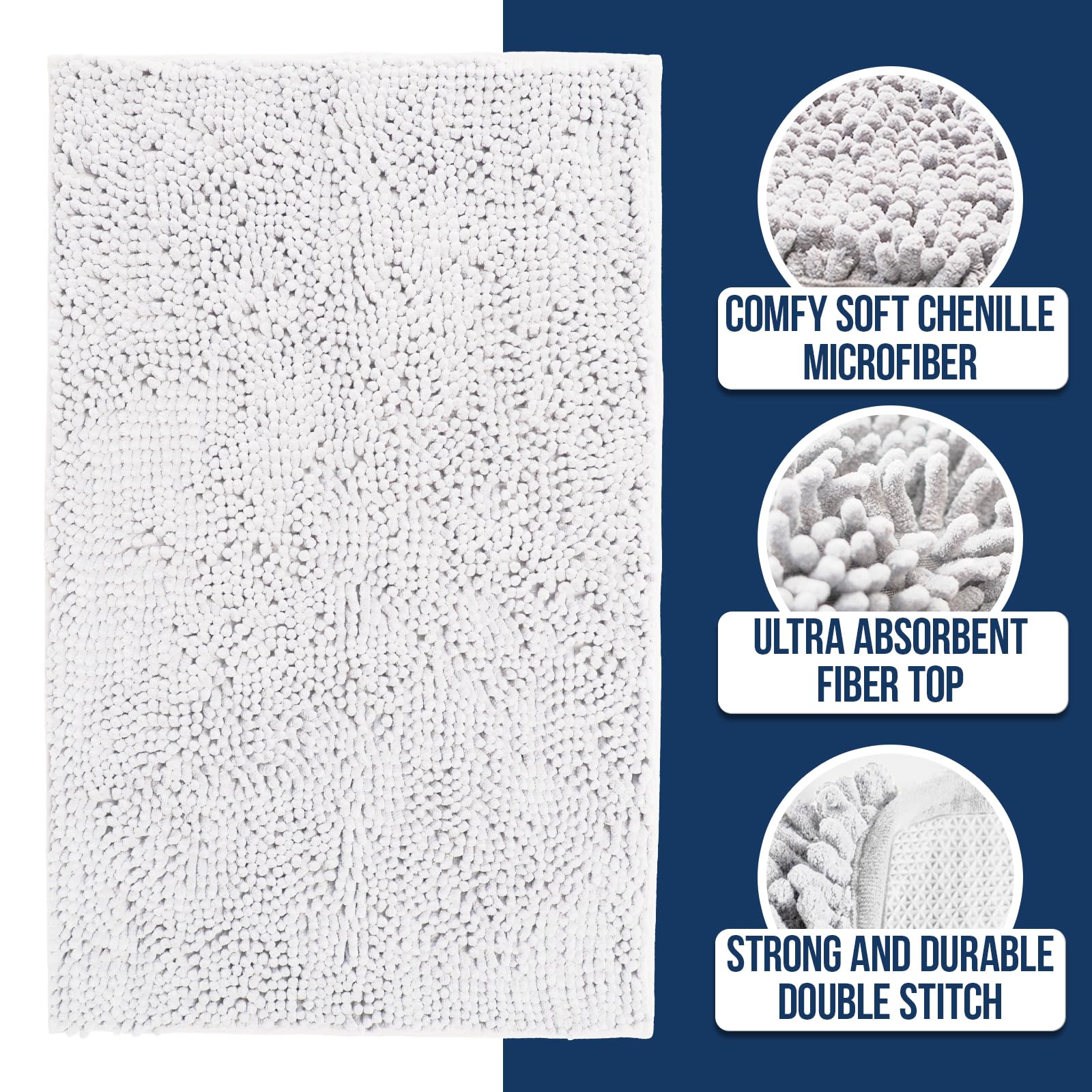 Muddy Mat Alfombras de baño de felpilla de microfibra de secado rápido, antideslizantes, lavables, extragruesas, suaves y altamente absorbentes, para baño, cocina y ducha, color blanco, XL, 59 x 35