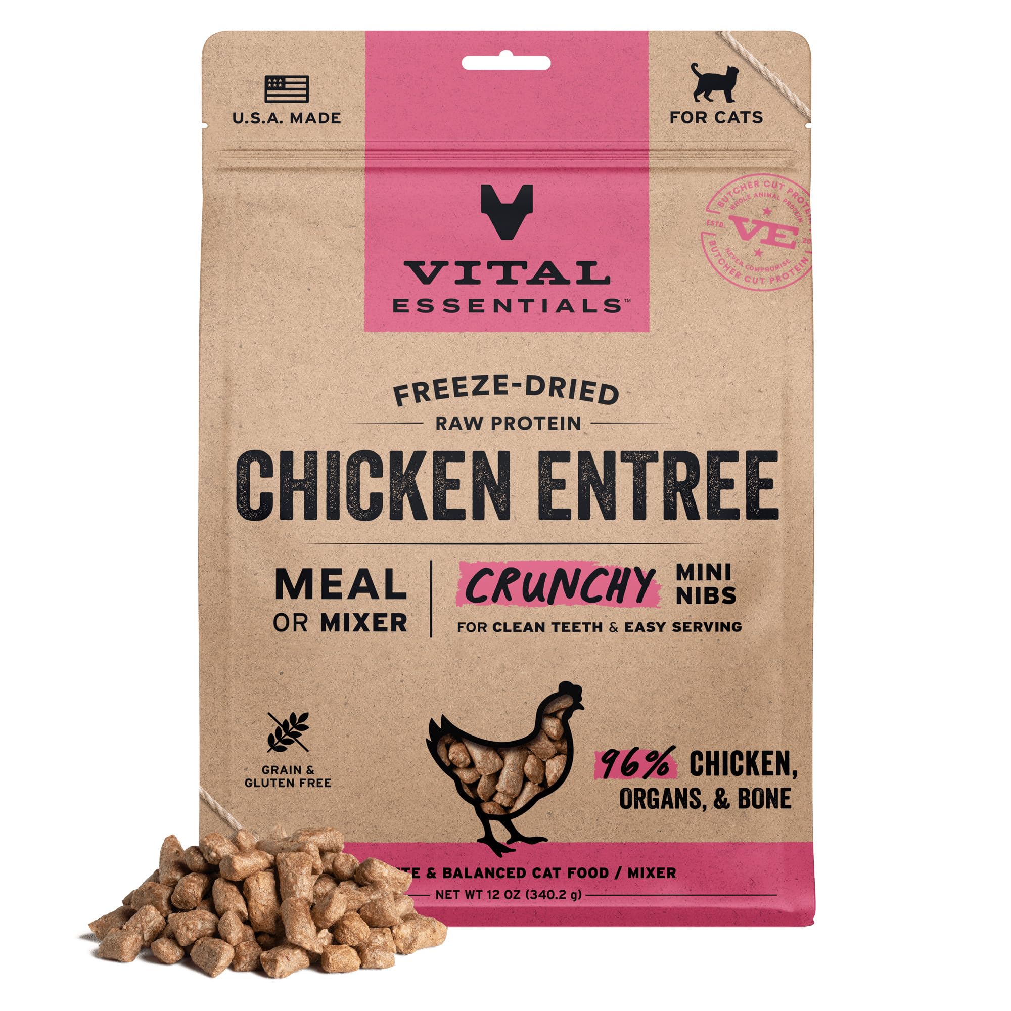 Vital Essentials Freeze Dried Cat Food, Raw Chicken Crunchy Mini Nibs | Complete Meal or Topper | 96% Chicken, Organs & Bone | Limited Ingredient, High Protein, Grain Free Dry Cat Food | 12 oz Bag