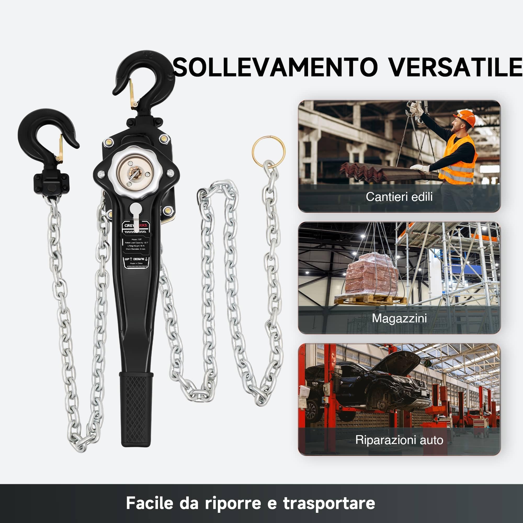 CREWORKS Paranco a Catena Manuale Altezza di Sollevamento 3 Metri Capacità Carico Max 1,5 Tonnellate con Catena Zincata G80 e Ganci Girevoli a 360° per Magazzini Edili Fabbriche