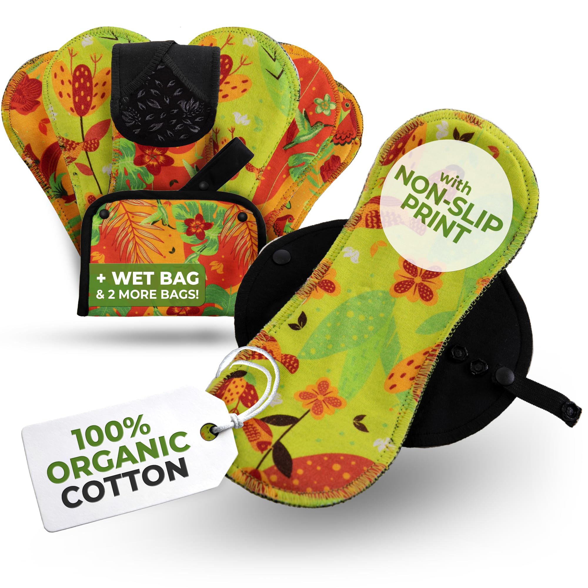 Non-Slip (Premium) Reusable Organic Panty Liners for Women & Teens (Medium 7-Pack) – Breathable High-Temp Washable Cotton Cloth Panty Liners for