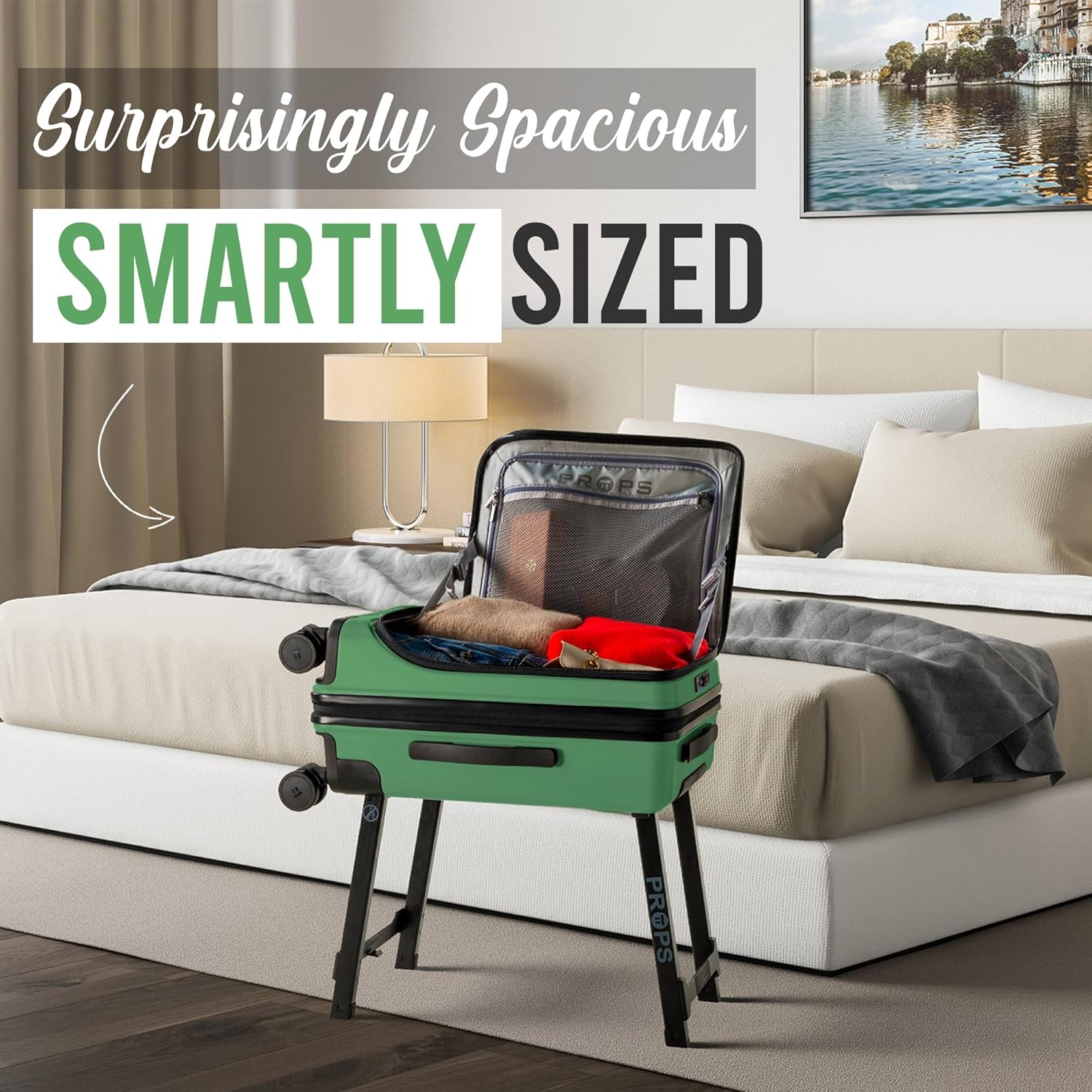 Props 22” Luxury Carry on luggage with wheels - Built-In Desk Luggage Stand - TSA Approved rolling carry on suitcase - Expandable & Lightweight airport luggage for Business Travel (Sage)