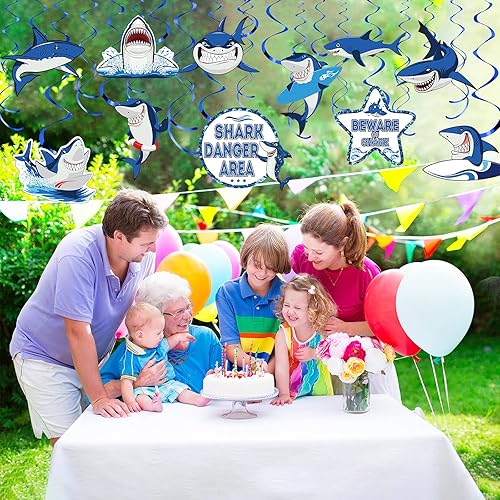 Miniatura 6 de Censen 30 piezas de remolinos colgantes de tiburón, suministros de fiesta de tiburón, remolinos de papel de aluminio de océano y mar, decoración de
