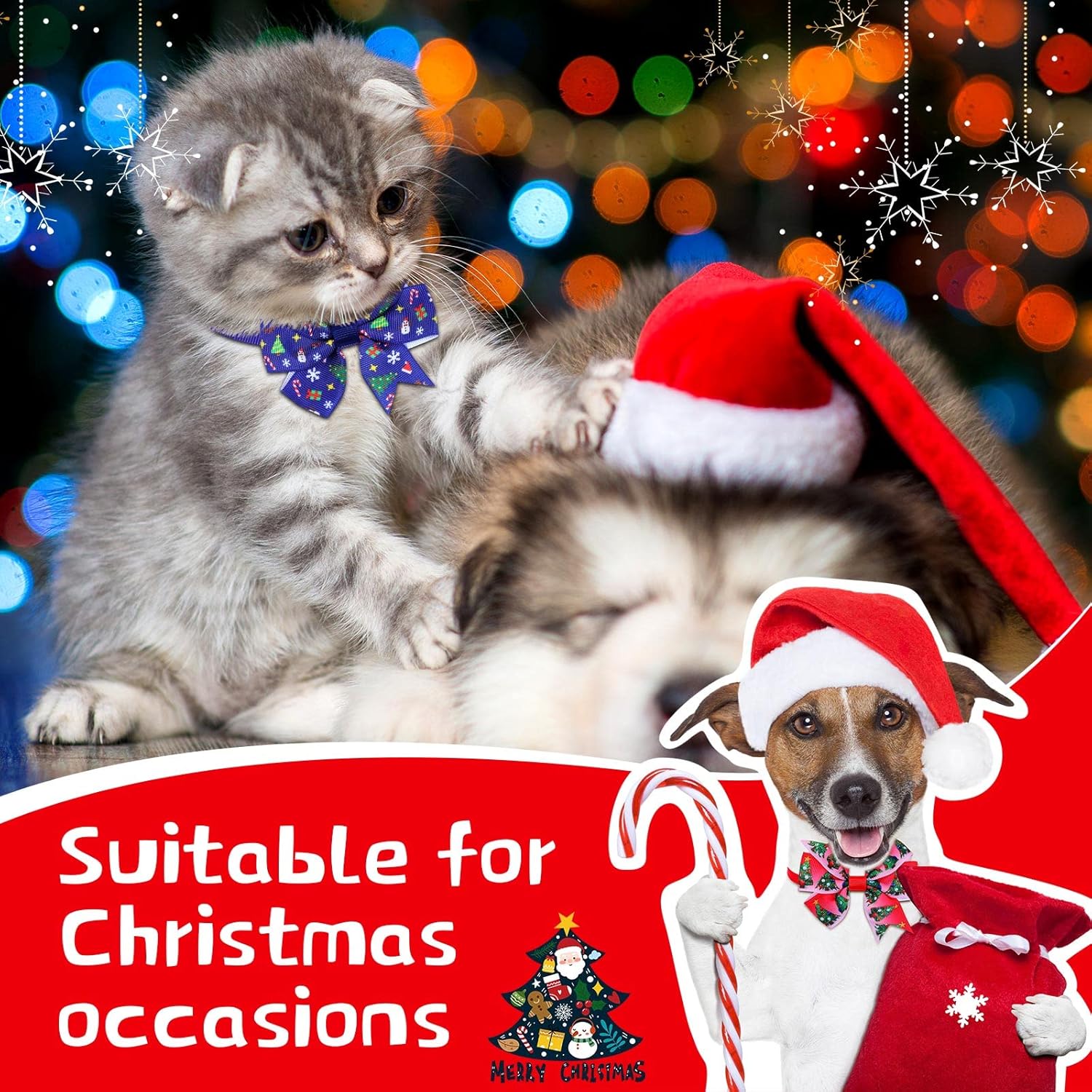 Maitys 80 Pcs Christmas Collars for Dogs, Christmas Dog Bow Winter Bows for Dogs Xmas Tree Bow tie Dog Adjustable Collar Grooming Hair Bows for Xmas Holiday Pet Accessories