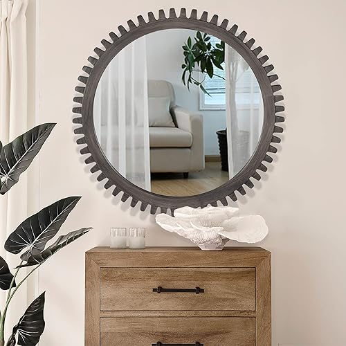 Miniatura 5 de DUQIMO Espejo redondo de pared de 30 pulgadas, espejo circular con marco de madera de granja, espejo colgante industrial para entrada, sala de