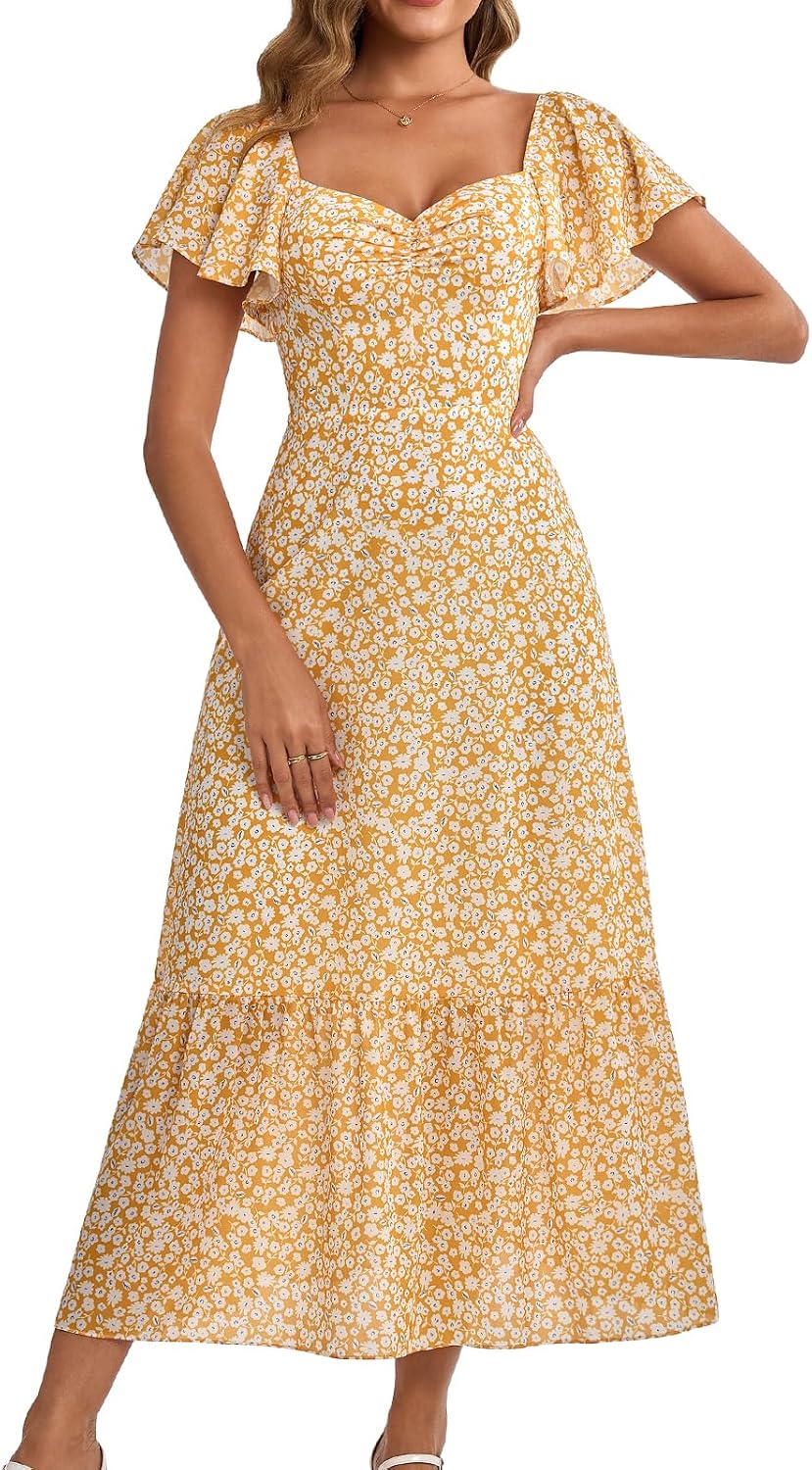 GLNEGE Women's 2026 Summer Midi Floral Boho Dresses Casual Flowy Beach Short Sleeve Dress Ruffle Hem Smocked Sundresses