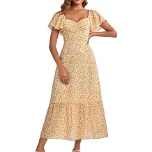 GLNEGE Womens Summer Floral Wedding Guest Bridal Shower Maxi Flowy Dress | Short Sleeve Sweetheart Neckline Smocked Back Casaul Midi Dress Boho Beach Vacation Bridal Shower Dresses