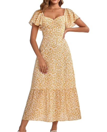 GLNEGE Women's 2025 Summer Midi Floral Boho Dresses Casual Flowy Beach Short Sleeve Dress Ruffle Hem Smocked Sundresses