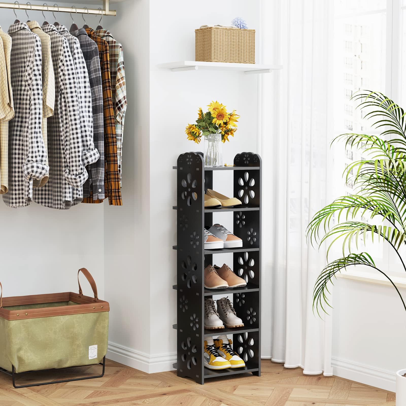 YOUDENOVA Narrow Shoe Rack 7 Tier Wood Shoe Shelf Tall Shoe Storage