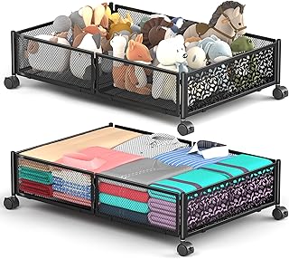 Under Bed Storage With Wheels, 2 Pack Foldable Pattern Carved Metal Unde...