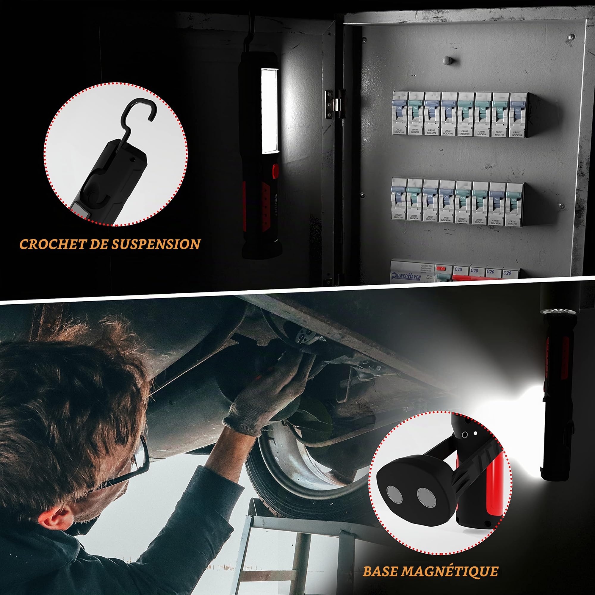 WOLFTEETH Lampe de Poche LED, 36+5 Lampes de Travail Magnétiques Portables, Lampe de Inspection Camping, Crochetà 360 Degrés, Base Magnétique à 270 Degrés pour Usage Domestique d'urgence