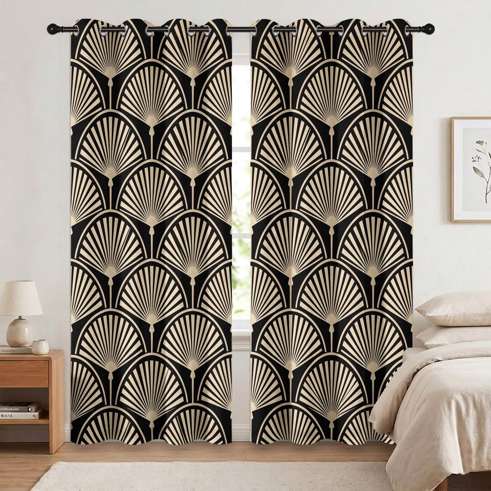 Rideau occultant Abstrait À Fleur De Ventilateur, Art Rideaux œillets Isolation Thermique Traitements fenêtre à œillets pour Salle De Séjour, 140L X 260H cm (2 Panneaux), Beige