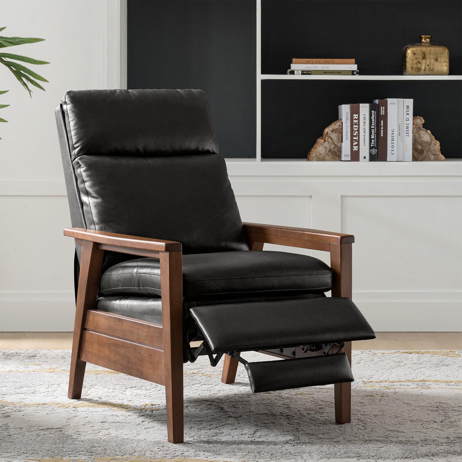 Genuine Leather Recliner with Solid Wood Frame, Mid Century Modern Push Back Recliner Armchair with Adjustable Backrest and Footrest, Comfy Home Theater Seating Reclining Chair, Black