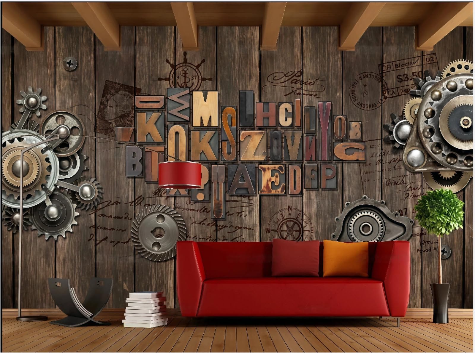 Tapeta Retro Niestandardowa przekładnia drewniana deska trójwymiarowa angielskie litery bar jadalnia tło ściana tapeta zachodnia restauracja napoje kawa mural, 3D, 200x140