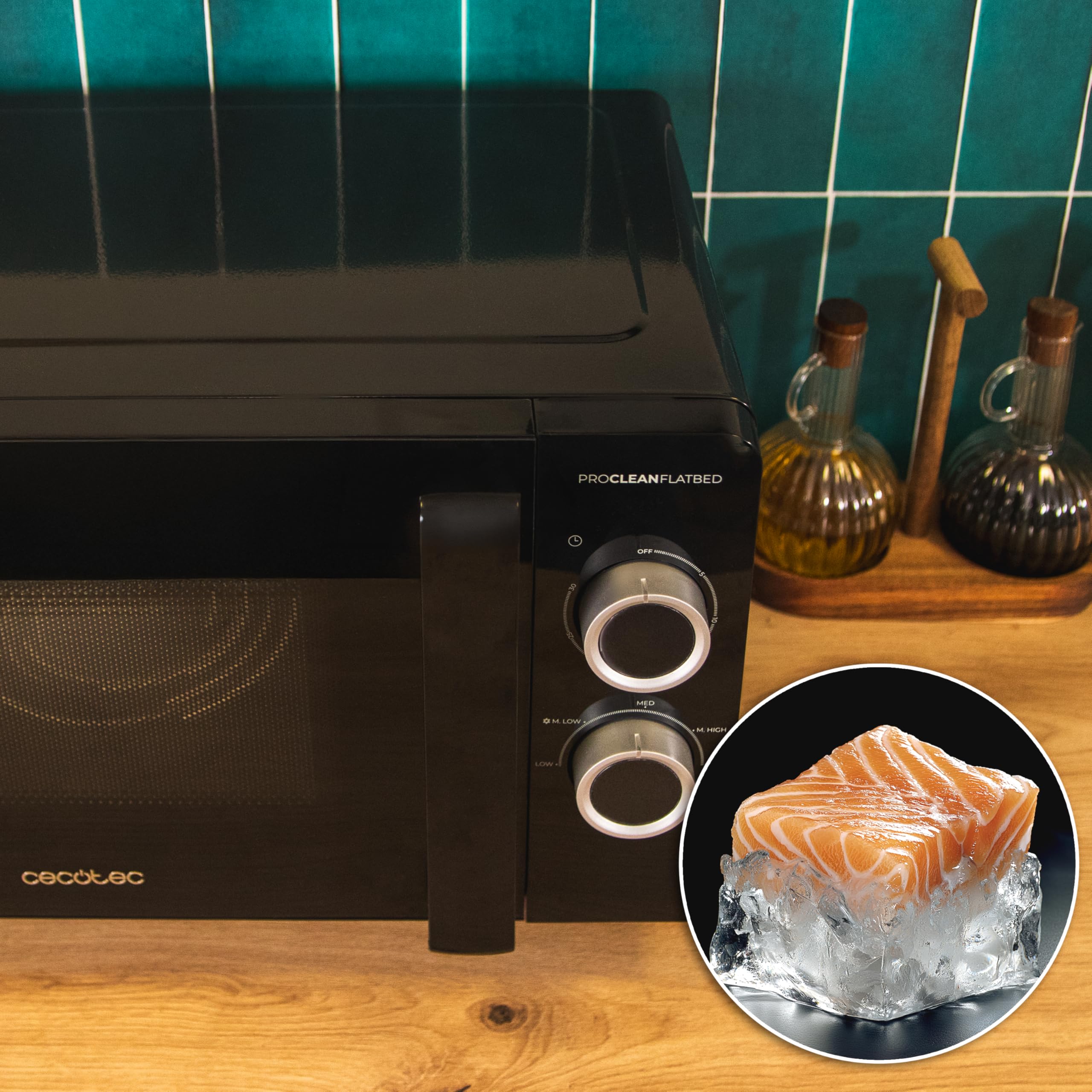 Cecotec Proclean 3030 Flatbed kuchenka mikrofalowa 20 l, moc 700 W, kompaktowa konstrukcja, wnętrze ceramiczne, tryb rozmrażania, timer 30 min, technologia 3dwave, szczegóły Fullcrystal