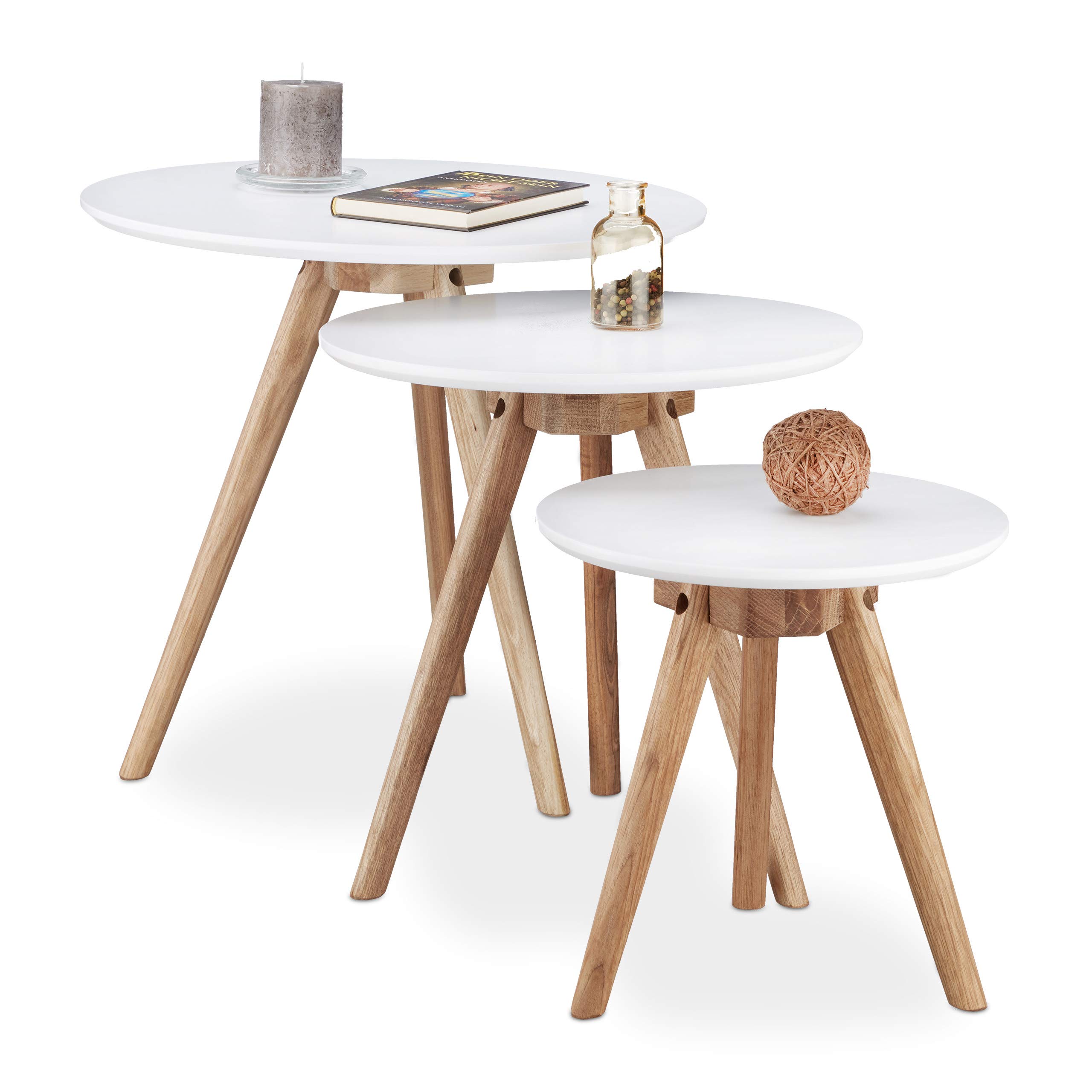 Relaxdays Beistelltisch 3er Set, Beine aus Walnussholz, weiße Tischplatte 50, 40, 32 cm, nordisches Design, weiß / natur