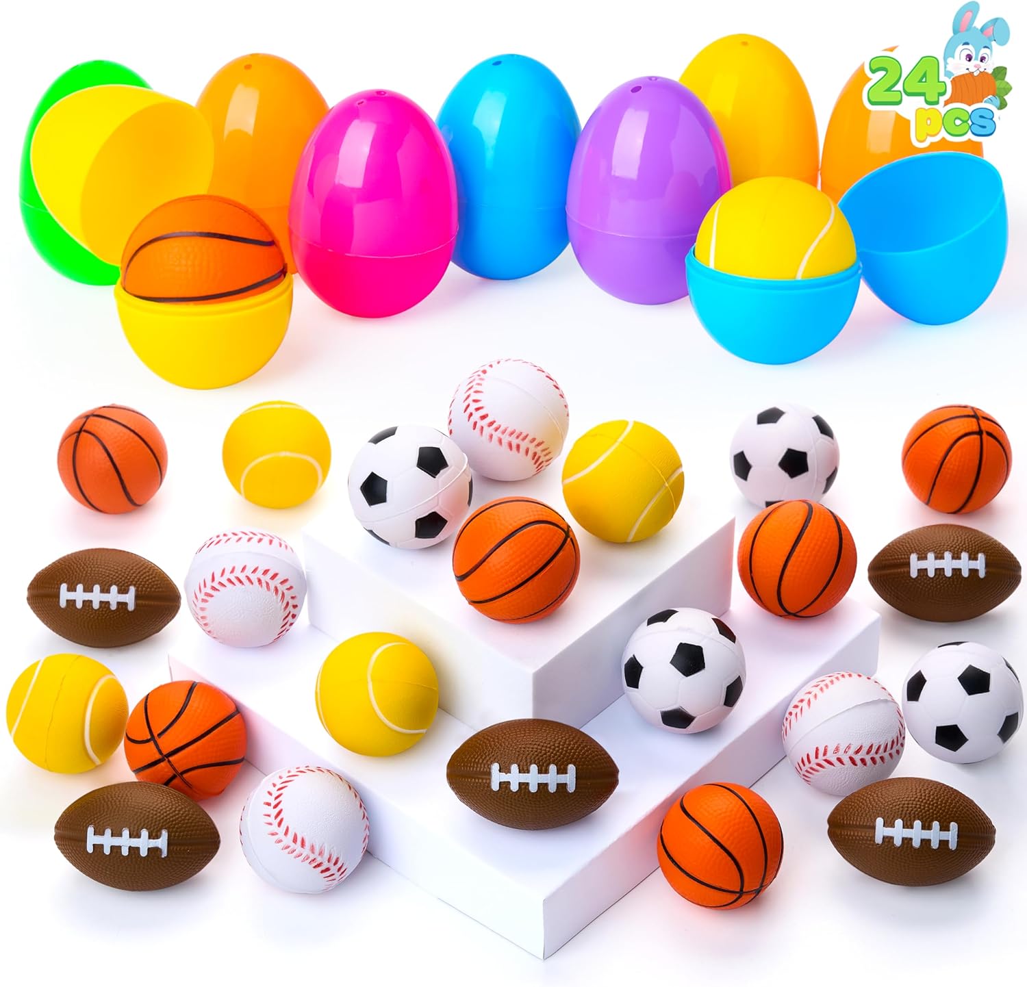JOYIN 24 Pcs Pre-Filled Easter Eggs with Sports Stress Balls Squishy Toy, Football Basketball Soccer Baseballs Tennis Stress Relief Toy, Easter Egg Hunt, Basket Stuffer Filler, Kids Party Favor