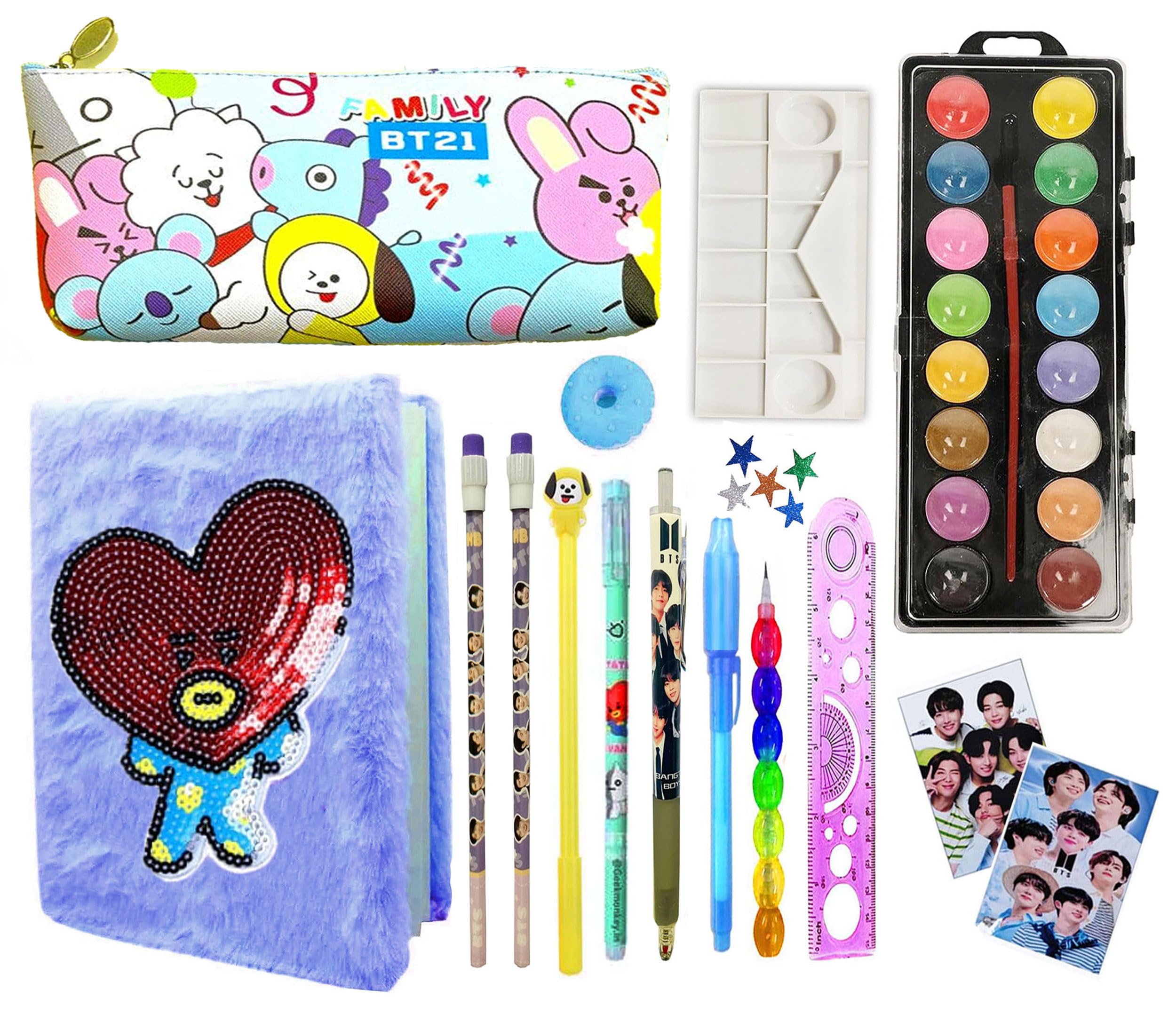SHUDAUSHI® 15pcs BTS Stationery Gift Set for Kids, BTS BT-21 School Stationery Diary Pen Pencil Pouch for Kids BTS Stationery Set, Birthday Gift Party Favor Return Gift Set for Kids (Style 4)