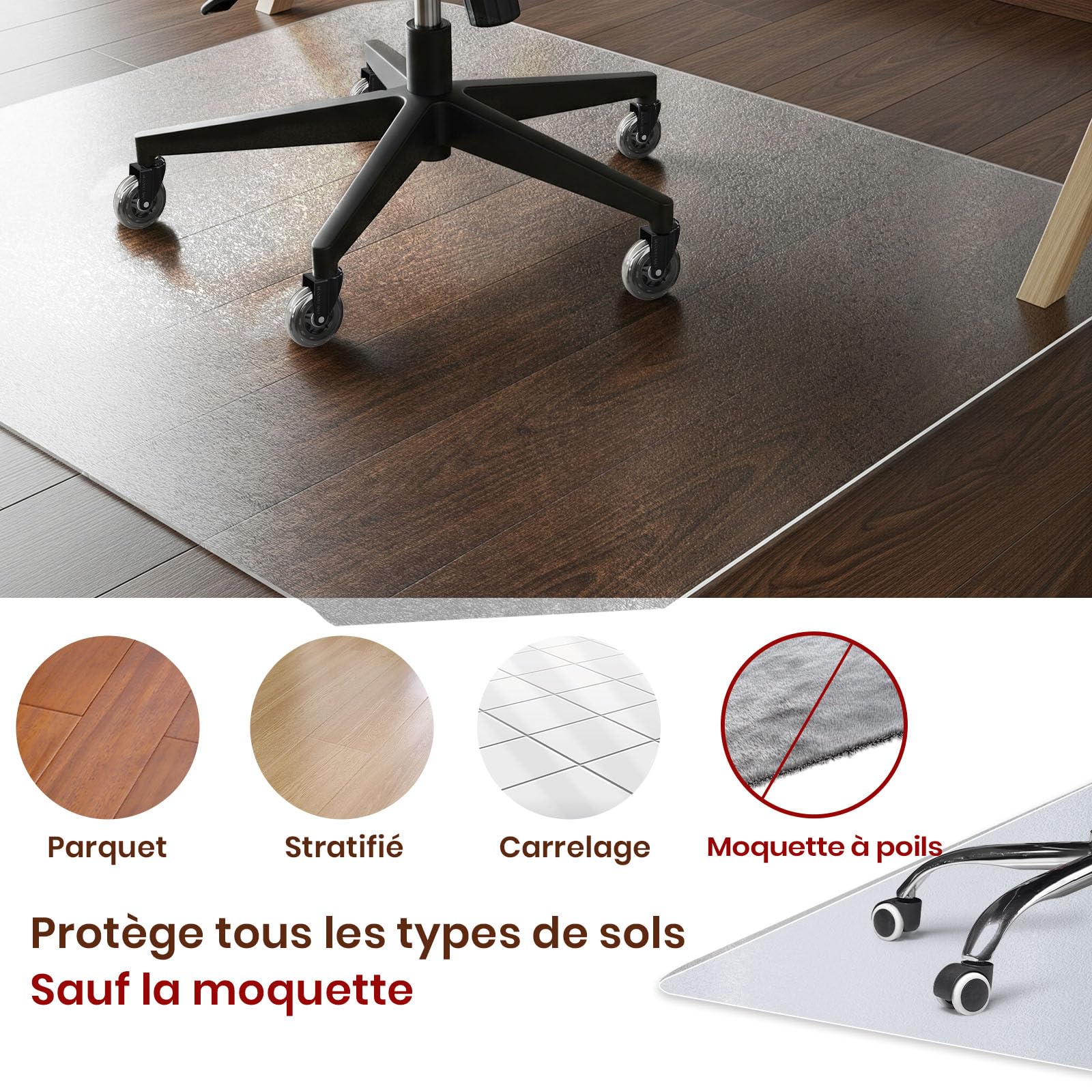 COSYLAND Tapis Chaise de Bureau Effet Givré 90x120cm Antidérapant Protège-Parquet