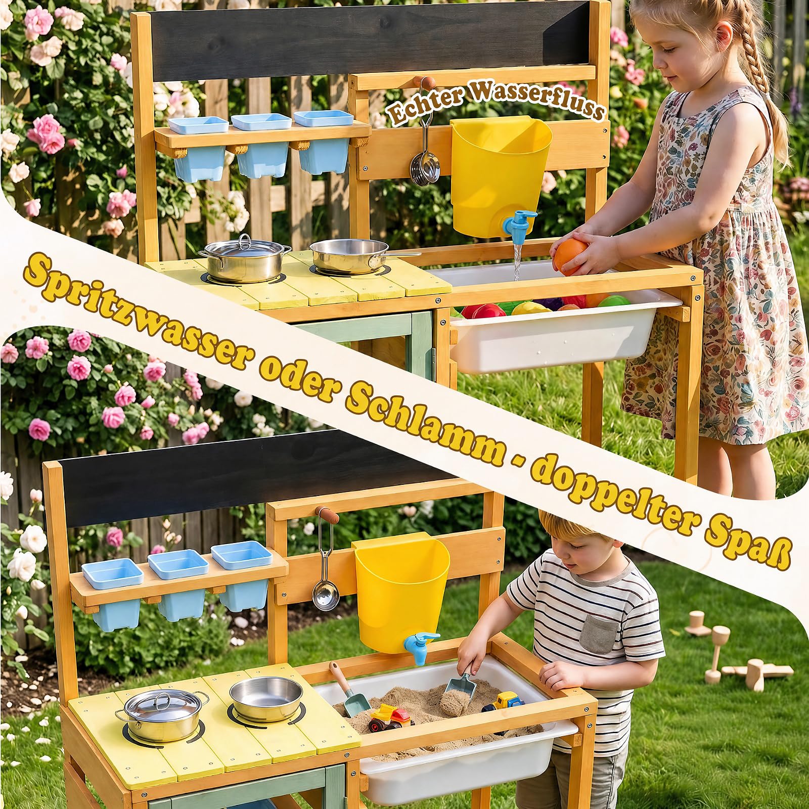 COSTWAY Matschküche Kinder Outdoor, Spielküche mit Wassertank & Wasserhahn | Kinderküche mit Spüle, Blumentöpfen, Kochzubehör & Ablagefächern, Gartenspielküche für Kinder ab 3 Jahren
