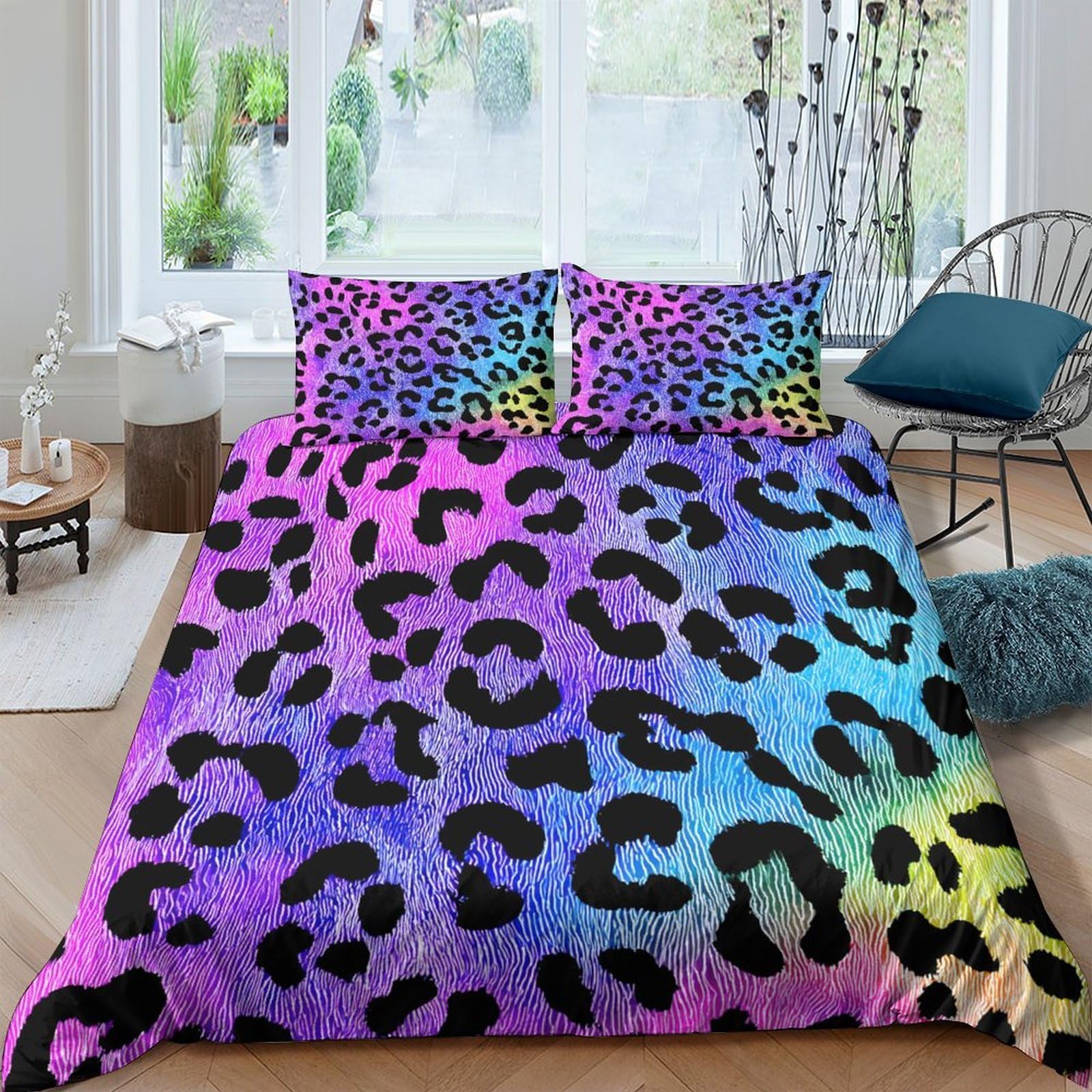TUFRTGYHN 3D Printed Rainbow Leopard Duvet Cover Set Microfiber Soft Breathable Multicolour Animal Print Bedding with 2 Pillowcases for Bedroom Decor Single（135x200cm）