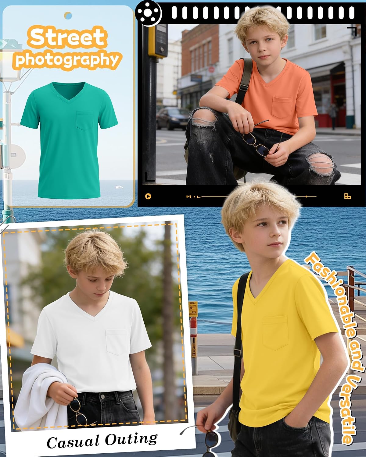 4 Pack Boys' Short Sleeve T-Shirts Pocket V Neck Loose Fit Tops Tween Kids Casual Solid Summer Basic Tees 5-14 Years
