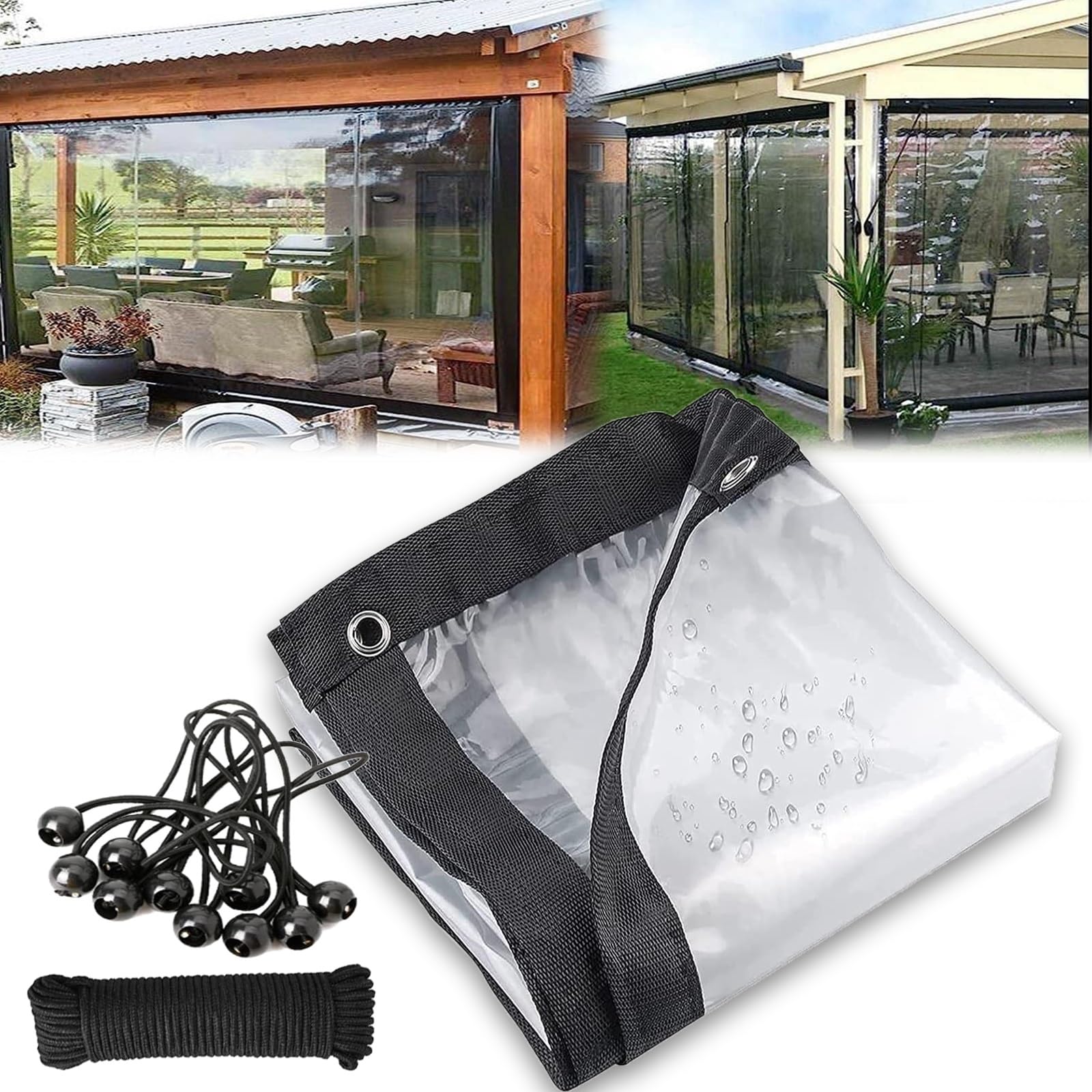 Bâche transparente en PVC avec œillets et 10 tendeurs pour le camping extérieur