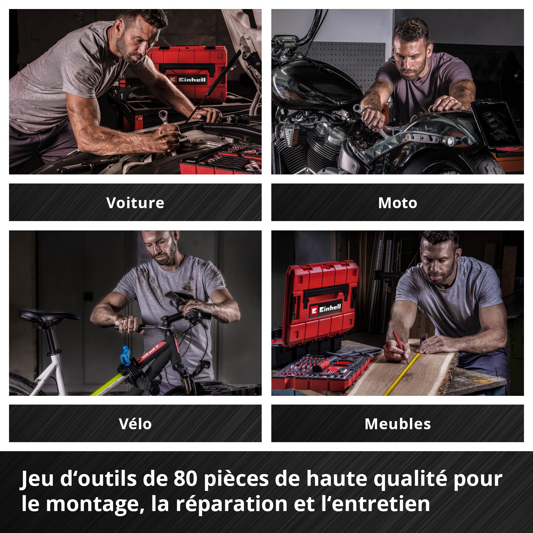 Original Einhell E-CASE 80 pcs. valise d'outils (set d'outils dans valise en plastique robuste et empilable comme équipement de base idéal pour le ménage, l'atelier ou en déplacement)