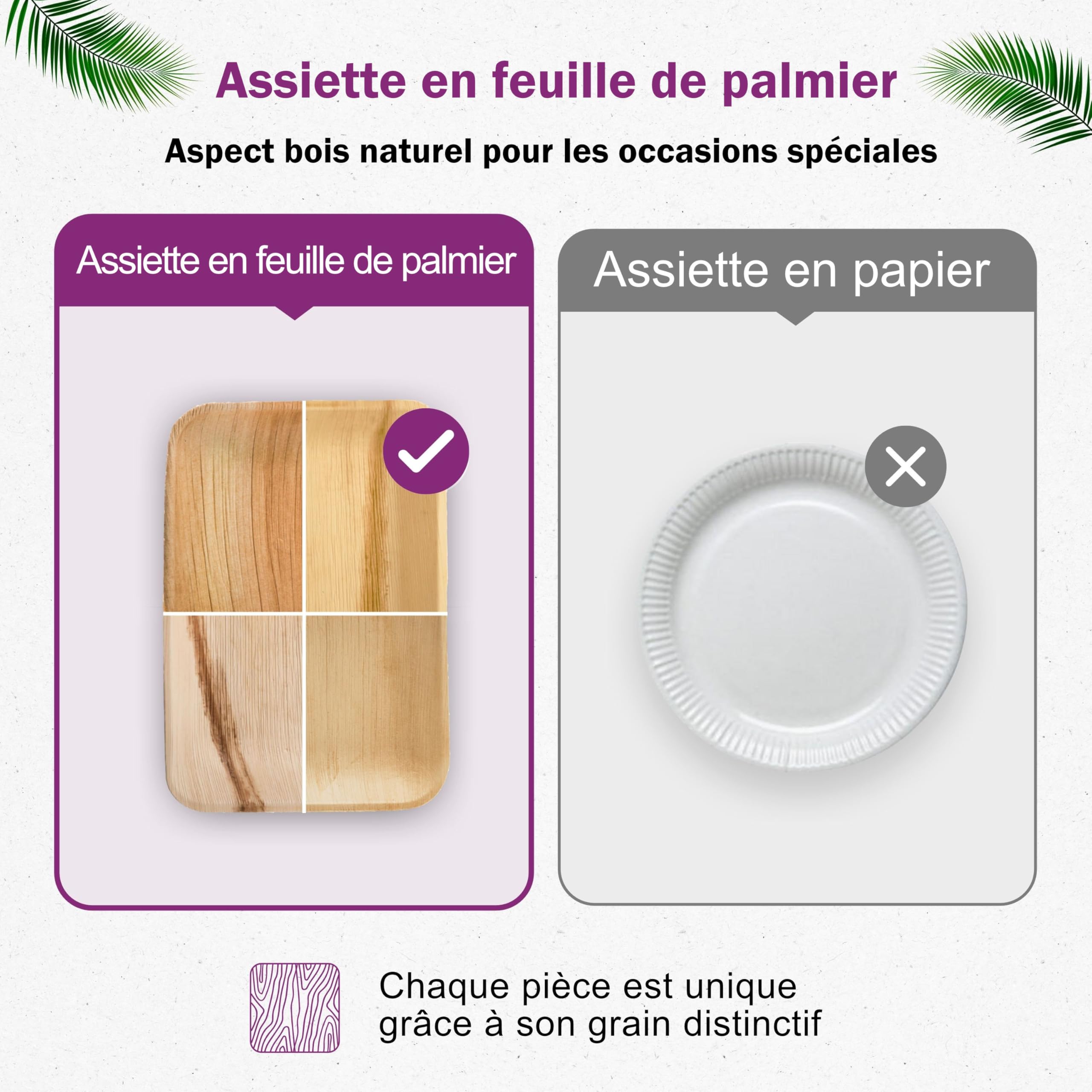 Assiette Jetable en Feuille de Palmier - 200 pcs. Rectangulaires 28x18 cm - Vaisselle Naturelle et Élégante - Chic, Résistante et au Design Unique - Plat Bambou et Bois similaire