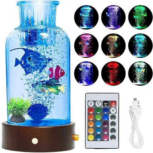 0.8ft Sensory Bubble Aquarium with 3 Fake Fishes, 16-Color Remote Control Night Light, Mini Glass Tank with Fake Plants & Wood Base, Air Pump Style Desktop Decor, Home Decor Gift for Kids & Adults.
