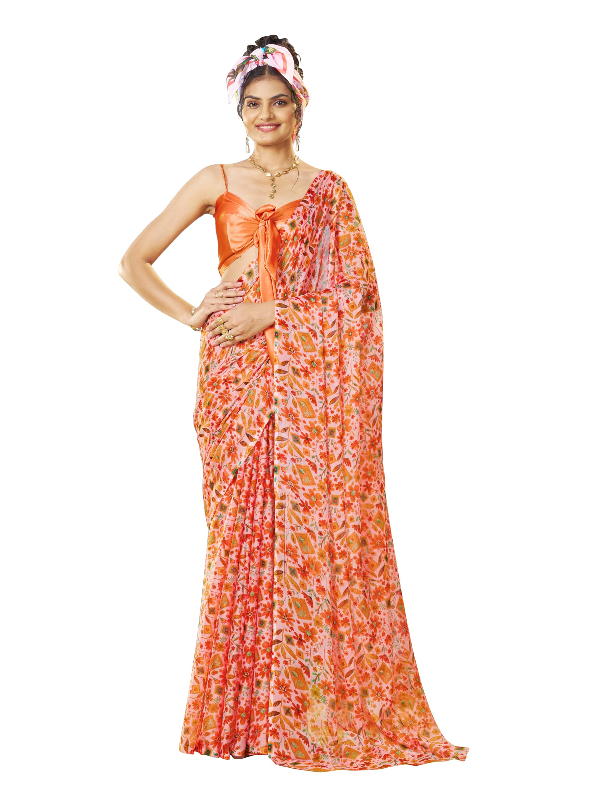 All-Over Mini Floral Print Chiffon Saree with Unstitched Blouse Piece-image-40