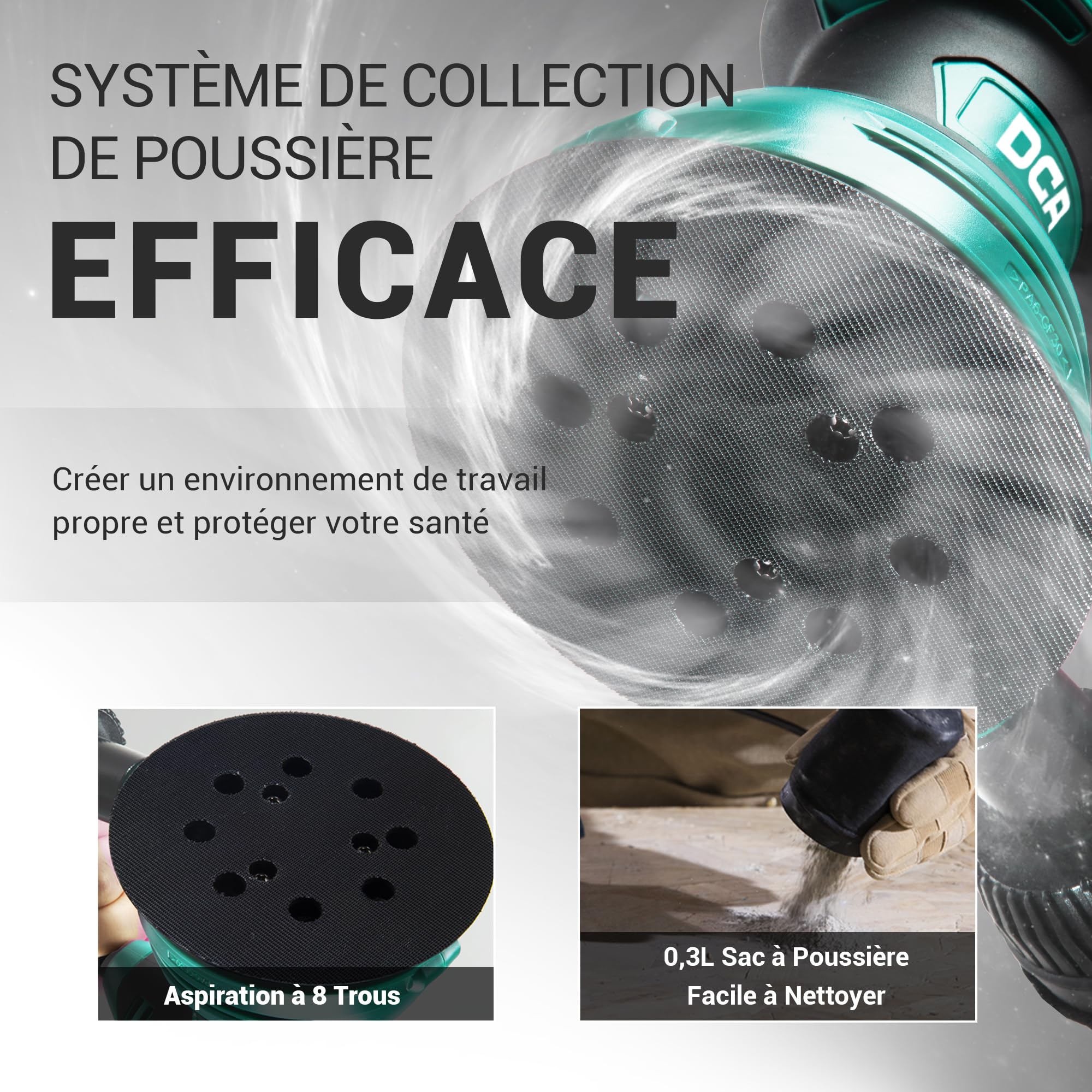 DCA Ponceuse Excentrique 300W, 6 Vitesses 12000RPM Ponceuse Orbitale, avec 0.3L Collecteur de Poussière, 10Pcs 125MM Disque Abrasif pour Surfaces en Bois et Acier, Ponçage et Polissage du Bois, DIY