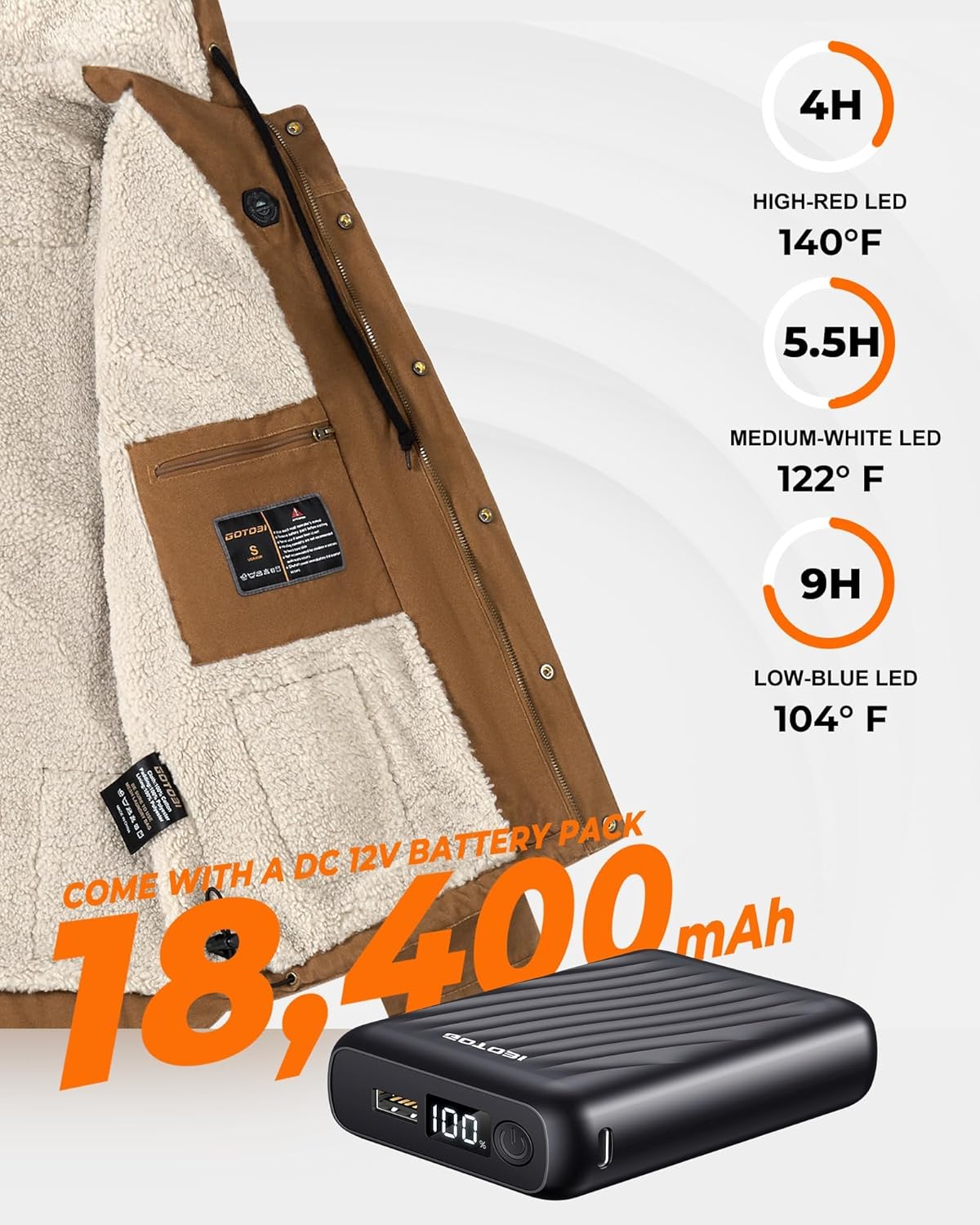 Graphene Canvas Heated Jackets for Men with 12V 18400mAh Battery Pack, Thermal Hooded Work Coat with Sherpa Lining - Image 4