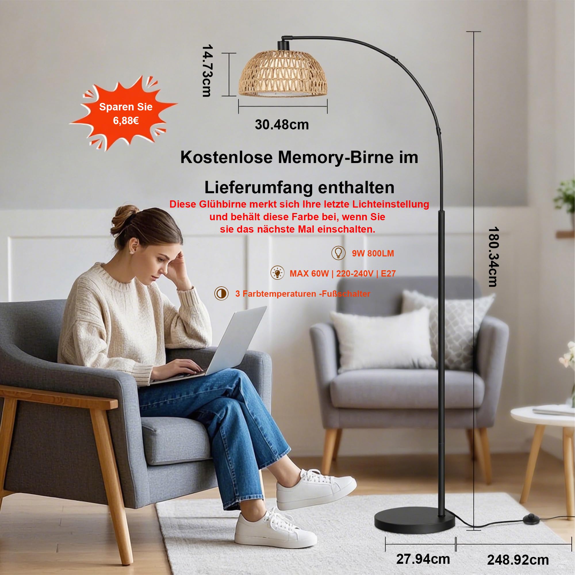 ROTTOGOON Bogen Rattan Stehlampe für Wohnzimmer 3 Farbtemperaturen Dimmbare 9W LED mit Fußschalter Boho Landhausstil Stehleuchte für Schlafzimmer Büro inkl. Birne Schwarz
