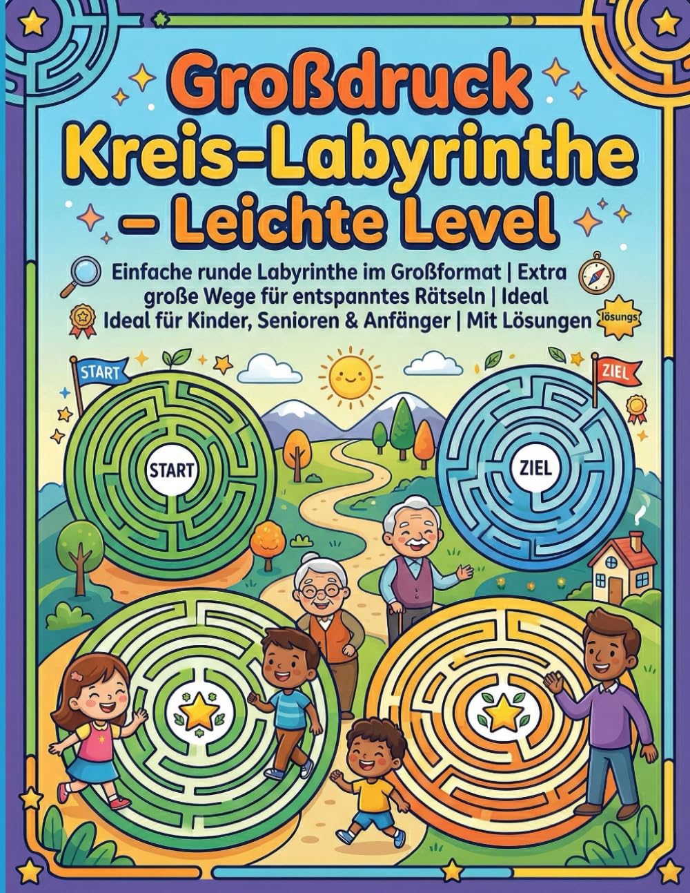 Großdruck Kreis-Labyrinthe – Leichte Level: Einfache runde Labyrinthe im Großformat | Extra große Wege für entspanntes Rätseln | Ideal für Kinder, Senioren & Anfänger | Mit Lösungen
