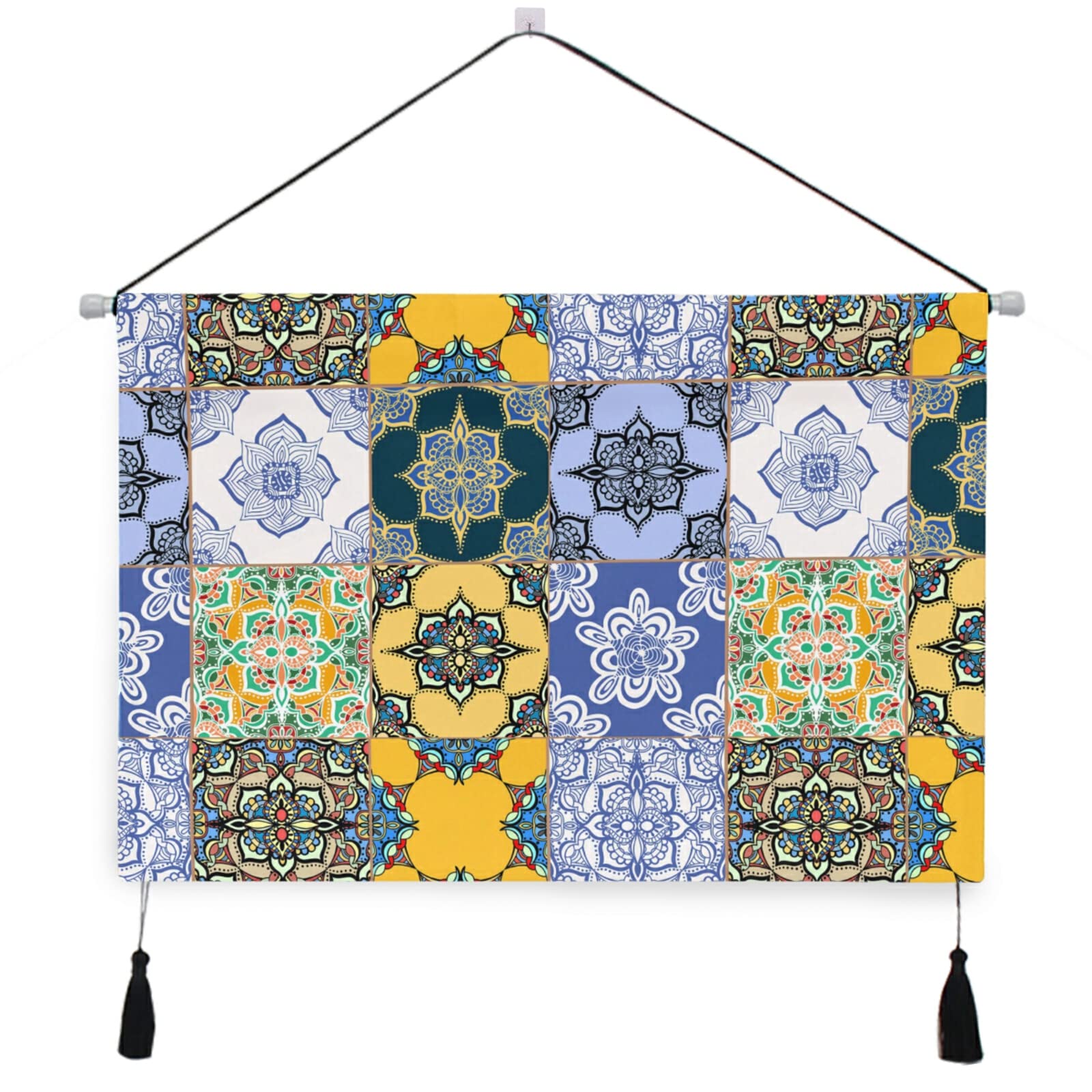 Poeticcity Blue,White Tribal Moroccan Portuguese Tiles Ornaments Blue White Yellow Canvas Wall Art, Print Hanging Painting Poster, Artwork Ready To Hang 17.5"X24.5" Home Art Bedroom Living Room Decor