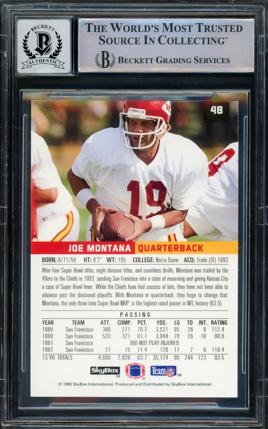 Joe Montana Autographed 1993 Skybox Premium Football Card #48 Auto Grade Gem Mint 10 Beckett BAS Stock #220763