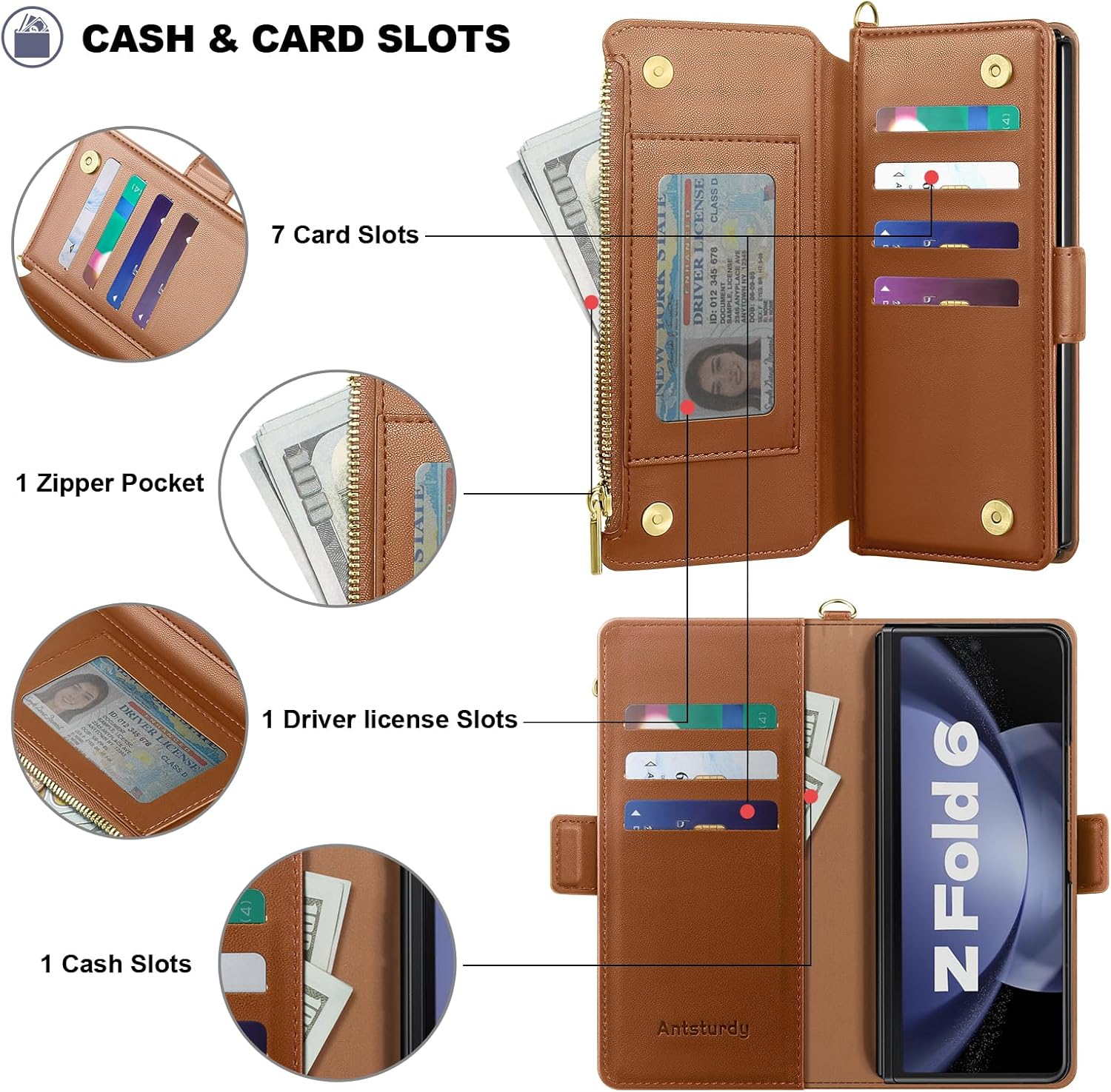 Antsturdy Compatible with Samsung Galaxy Z Fold 6 Case Wallet Women with【S Pen Holder】 Phone Case with Card Holder Strap PU Leather RFID Blocking Flip Protective Cover Credit Slots Men,Light Brown