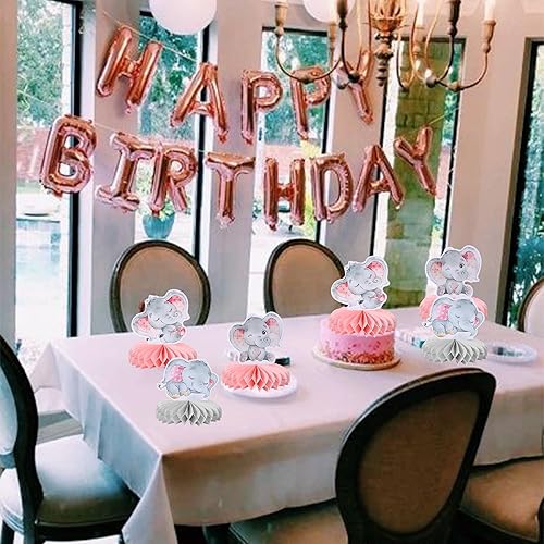 Miniatura 6 de 6 piezas de centro de mesa de nido de abeja de elefante rosa It's a Girl Baby Shower, centros de mesa de panal para temática de elefante, revelación