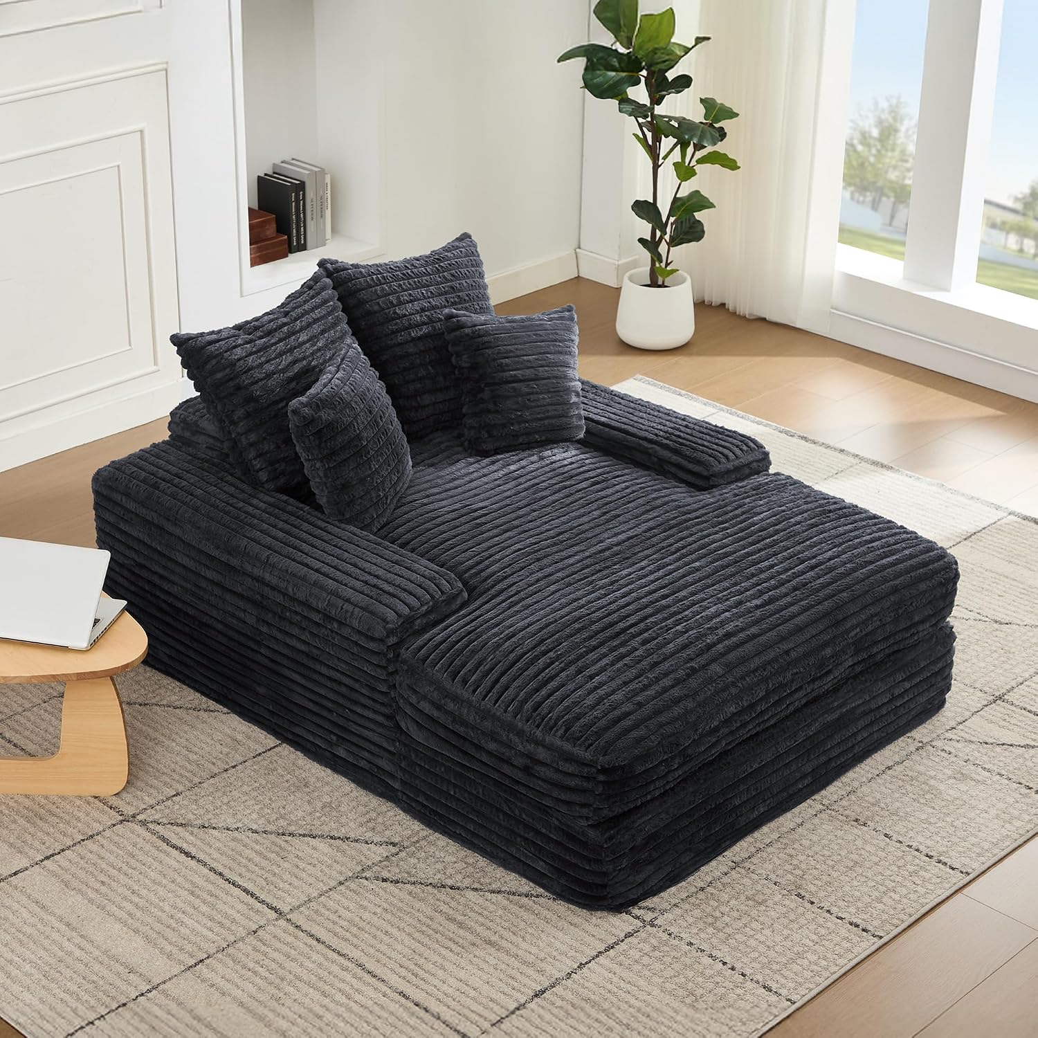 Ball & Cast Chaise Lounge Chair Indoor,Sleeper Sofa Bed W/ 4 Removable & Washable Pillows,54" Corduroy Couch Reading Lounge Chair W/Wide Armrest,for Living Room,No Assembly Required,Grey