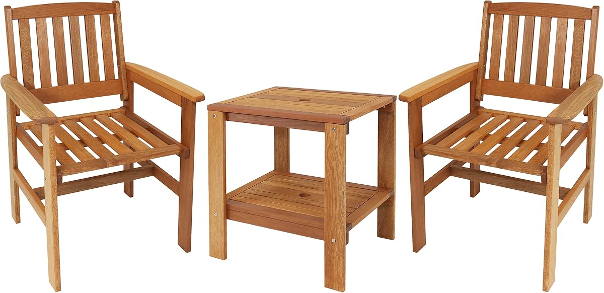Sunnydaze Juego de conversación para patio al aire libre de madera de 3 piezas con acabado de aceite de teca | 2 sillas y 1 mesa auxiliar - Construcción Meranti con acabado de aceite de teca - Fácil montaje - Para patio, terraza o patio trasero