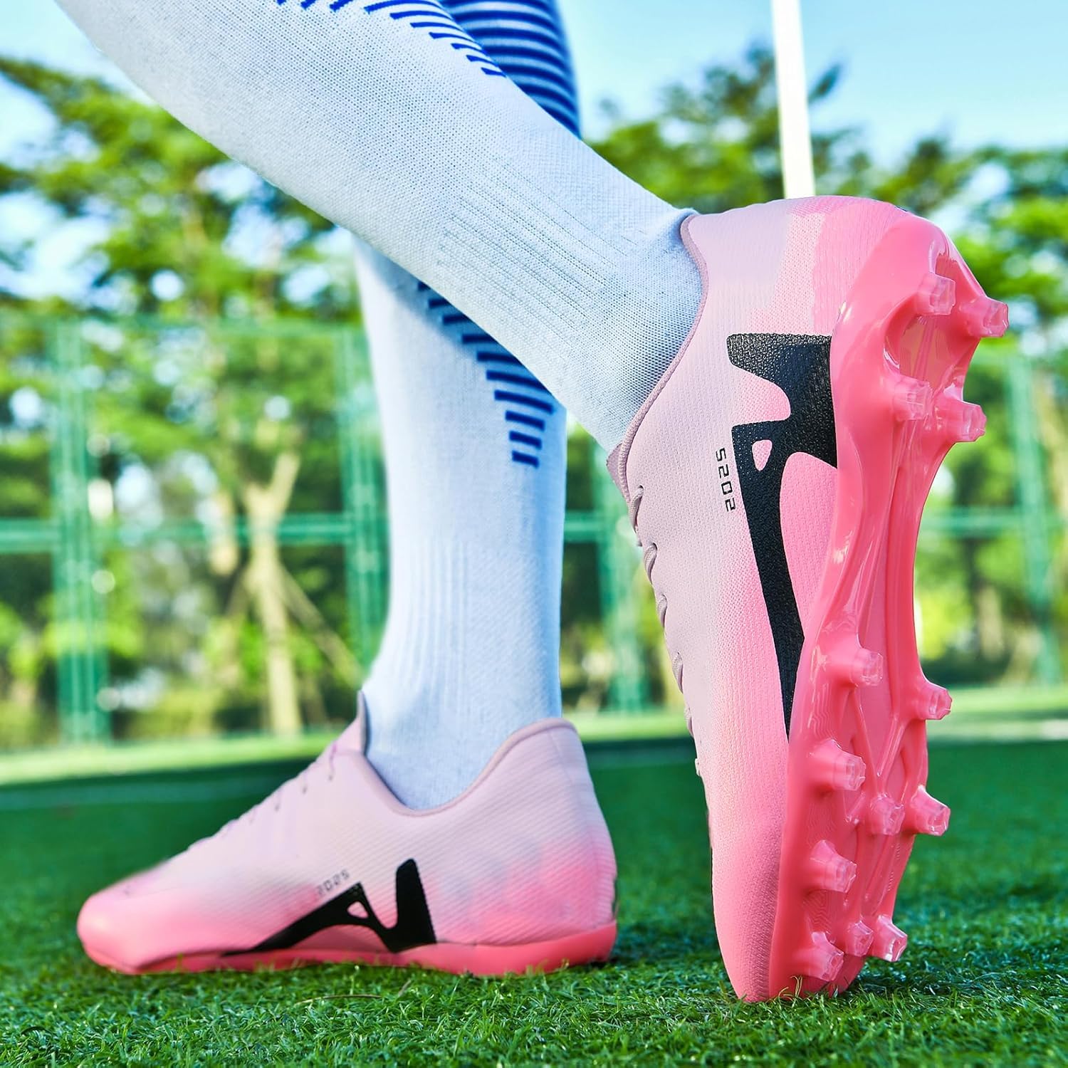 Spike Cleats męskie buty do piłki nożnej, z mikrofibry, profesjonalne buty do piłki nożnej, dla dzieci, młodzieży, do uprawiania sportu, na świeżym powietrzu, buty treningowe, różowy 2, 43 EU