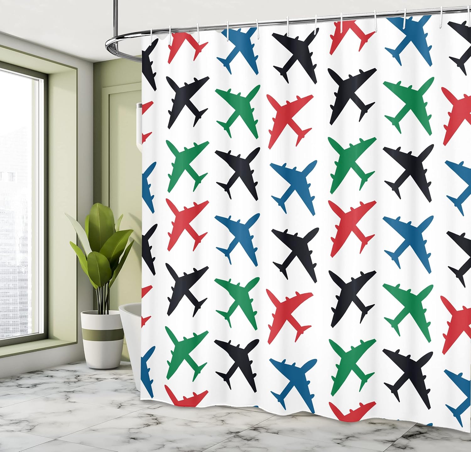 Ambesonne Airplane Shower Curtain, Plane Pattern Aircraft Fighter Jet Transportation Retro Historical Times, Cloth Fabric Bathroom Decor Set with Hooks, 69" W x 75" L, White Multicolor
